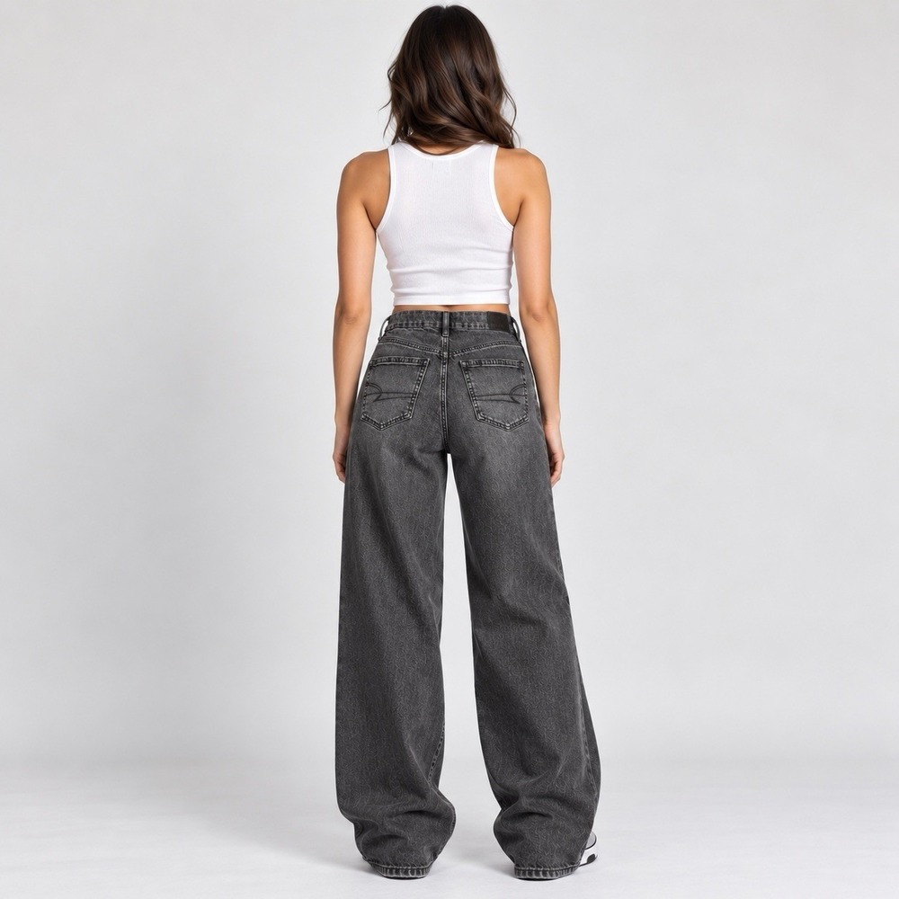 American Eagle Curvy 4 Long Black Baggy Wide Leg Jeans Super High Rise Y2K - Picture 5 of 16
